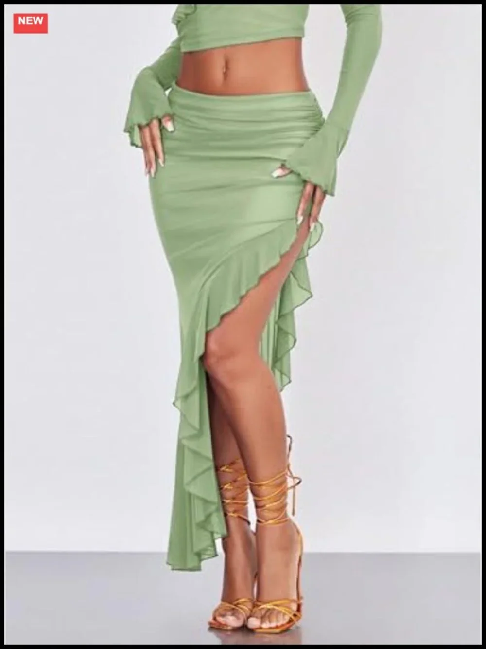 Women's High Waisted Asymmetrical Ruched Mesh Flowy Ruffle Trim Midi Long Skirt